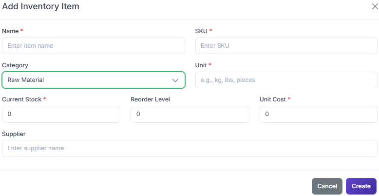 Inventory management screen