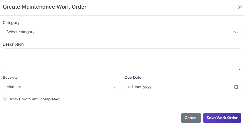 Maintenance work orders screen