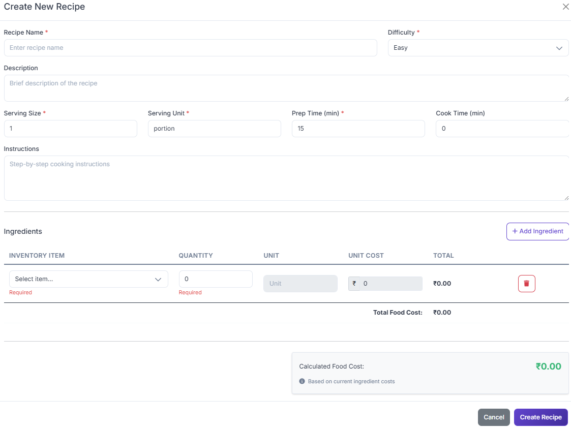 Recipe builder screen