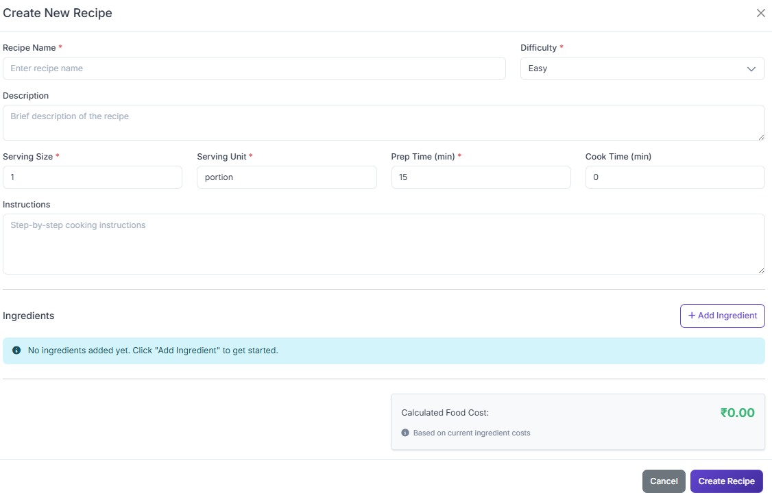 Recipe management screen