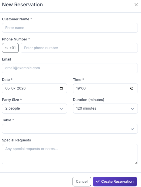Reservations screen